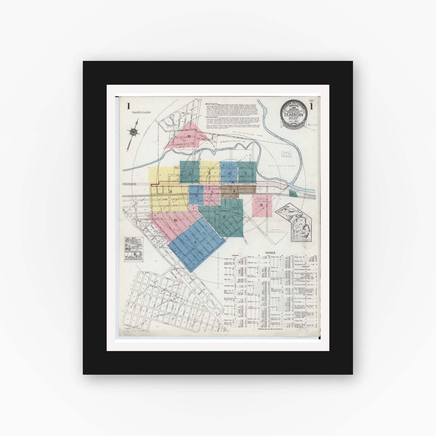 Old map wall art mockup — black gallery frame with white mat — Sanborn Fire Insurance Map from Dearborn, Wayne County, Michigan (1924), Sheet #0001
