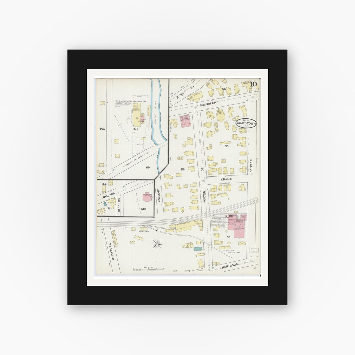 Old map wall art mockup — black gallery frame with white mat — Sanborn Fire Insurance Map from Jamestown, Chautauqua County, New York (1891), Sheet #0010