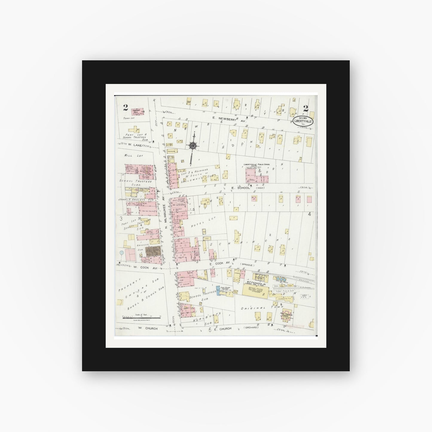 Old map wall art mockup — black gallery frame with white mat — Sanborn Fire Insurance Map from Libertyville, Lake County, Illinois (1924), Sheet #0002