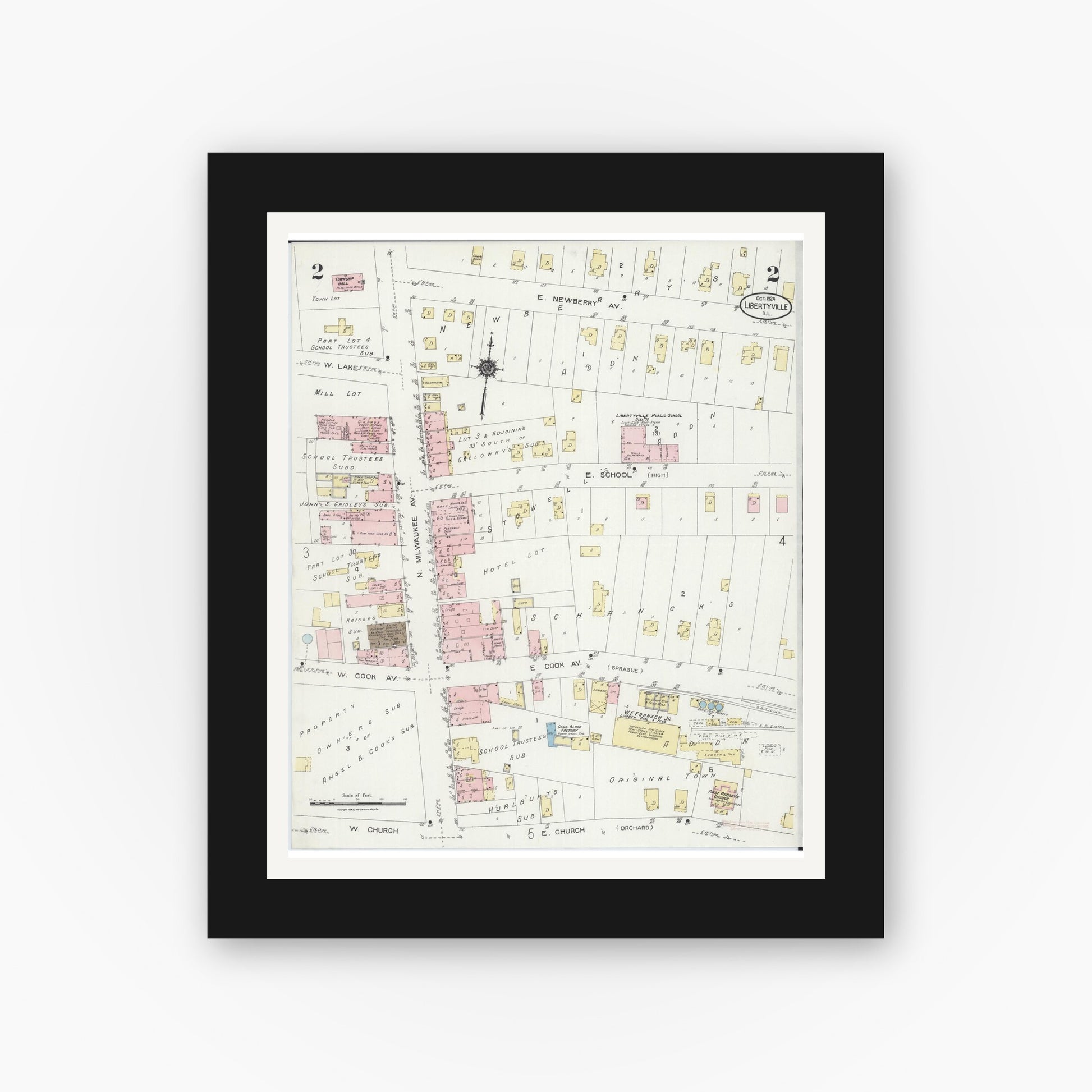 Old map wall art mockup — black gallery frame with white mat — Sanborn Fire Insurance Map from Libertyville, Lake County, Illinois (1924), Sheet #0002