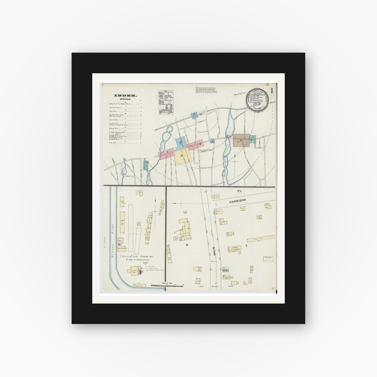 Old map wall art mockup — black gallery frame with white mat — Sanborn Fire Insurance Map from Islip, Suffolk County, New York (1890), Sheet #0001