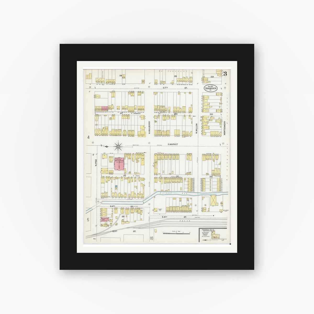 Old map wall art mockup — black gallery frame with white mat — Sanborn Fire Insurance Map from Shamokin, Northumberland County, Pennsylvania (1901), Sheet #0003