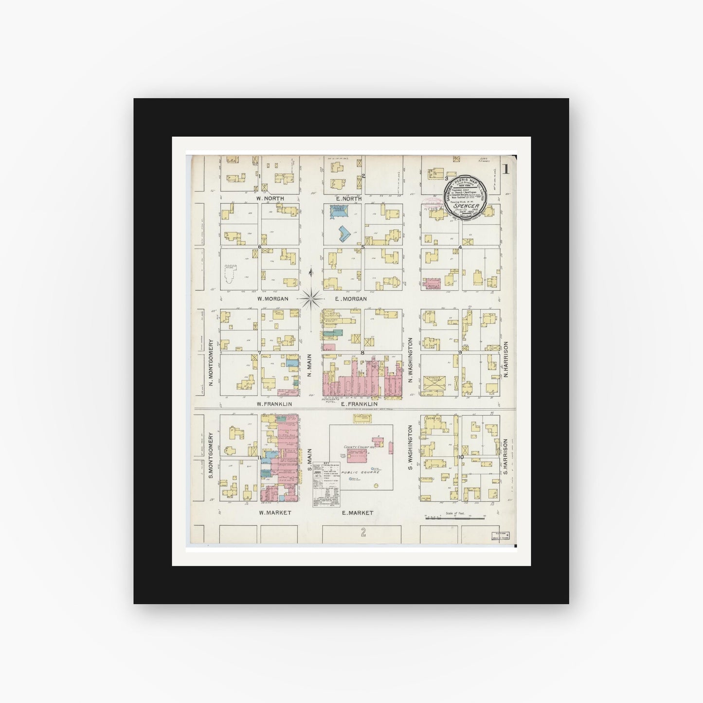 Old map wall art mockup — black gallery frame with white mat — Sanborn Fire Insurance Map from Spencer, Owen County, Indiana (1892), Sheet #0001