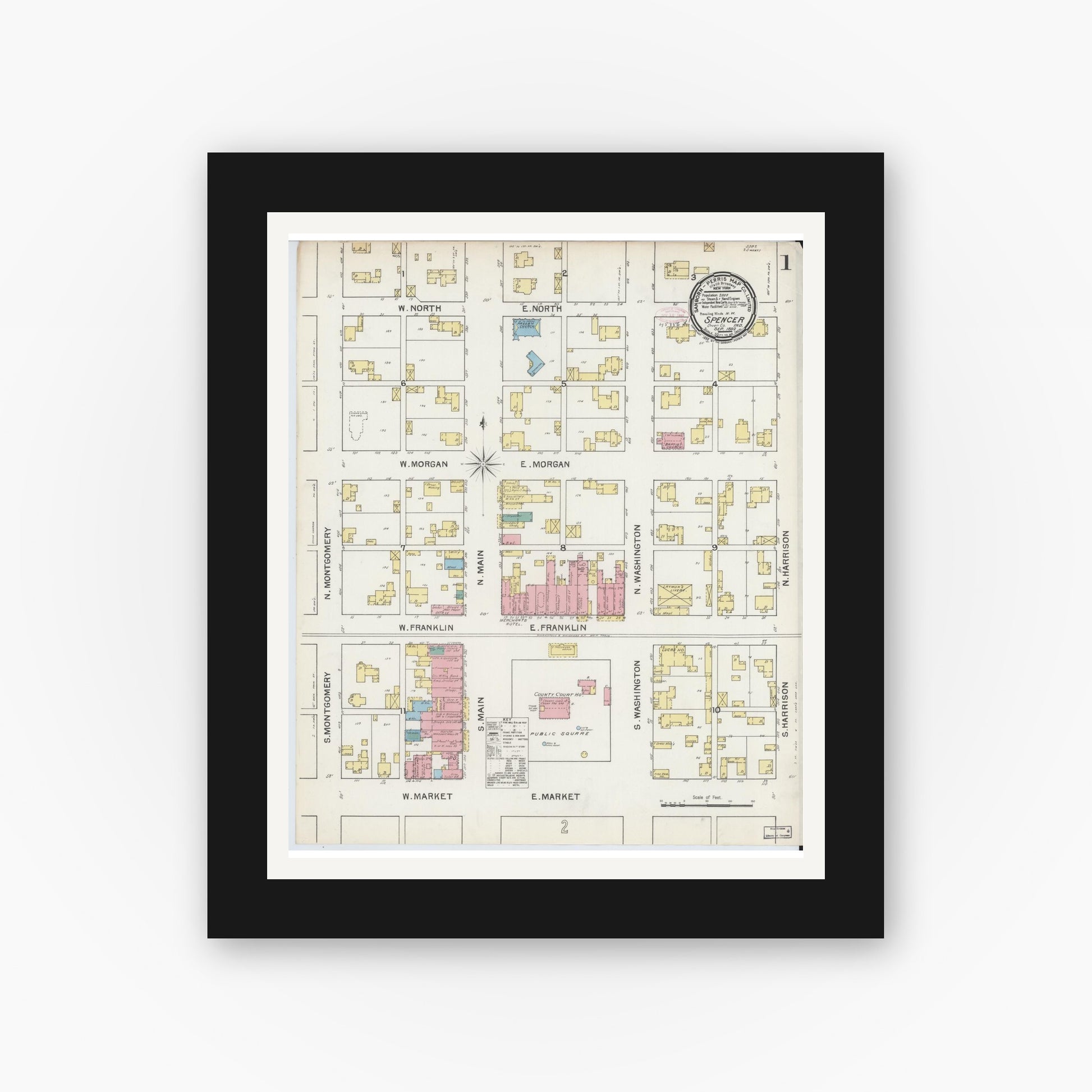Old map wall art mockup — black gallery frame with white mat — Sanborn Fire Insurance Map from Spencer, Owen County, Indiana (1892), Sheet #0001