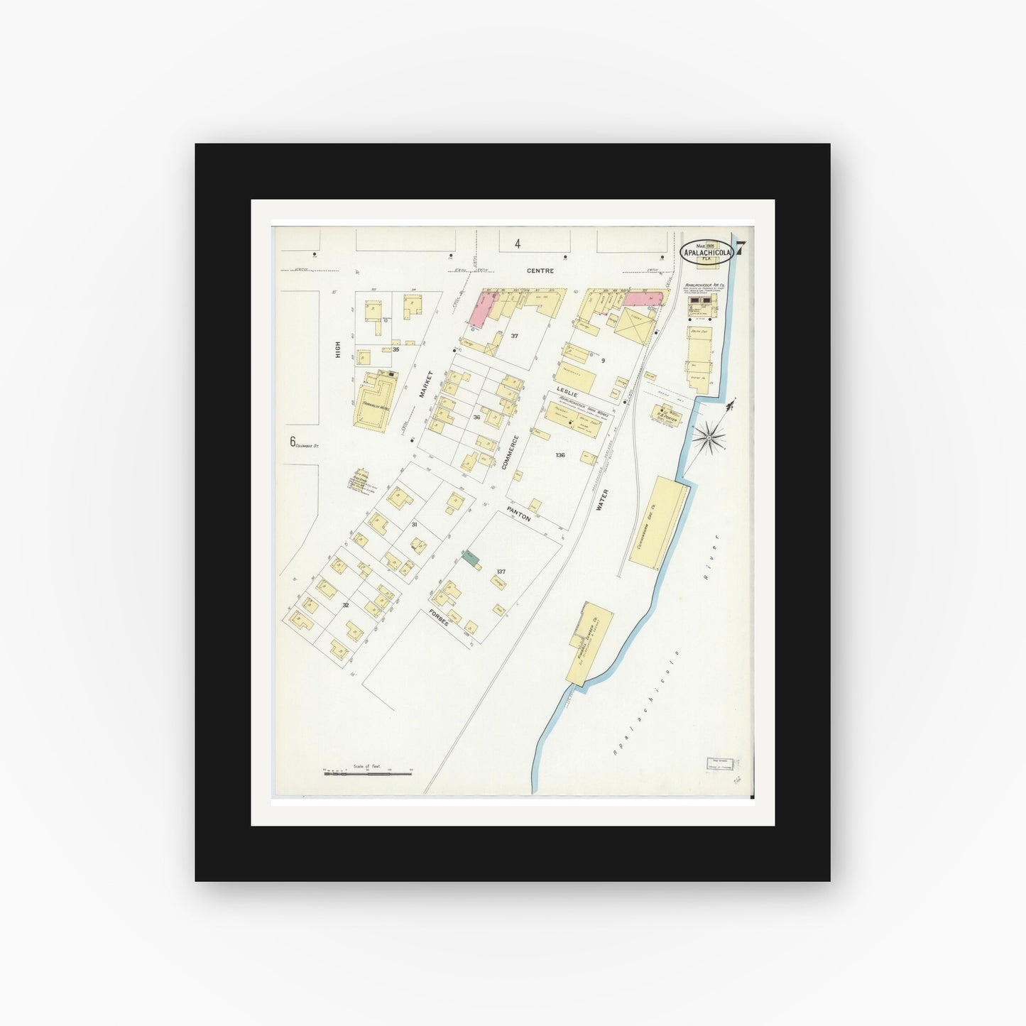 Old map wall art mockup — black gallery frame with white mat — Sanborn Fire Insurance Map from Apalachicola, Franklin County, Florida (1909), Sheet #0007