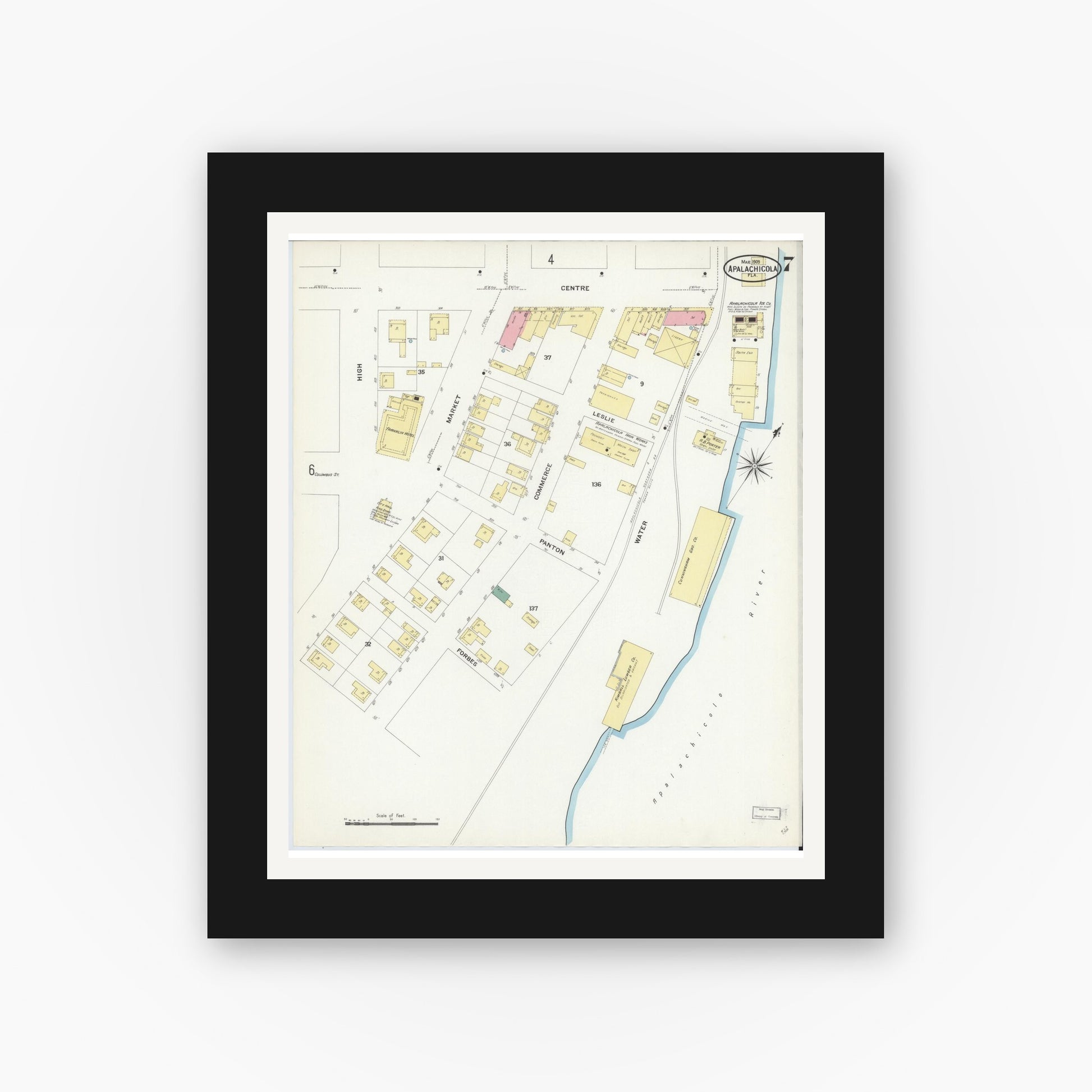 Old map wall art mockup — black gallery frame with white mat — Sanborn Fire Insurance Map from Apalachicola, Franklin County, Florida (1909), Sheet #0007