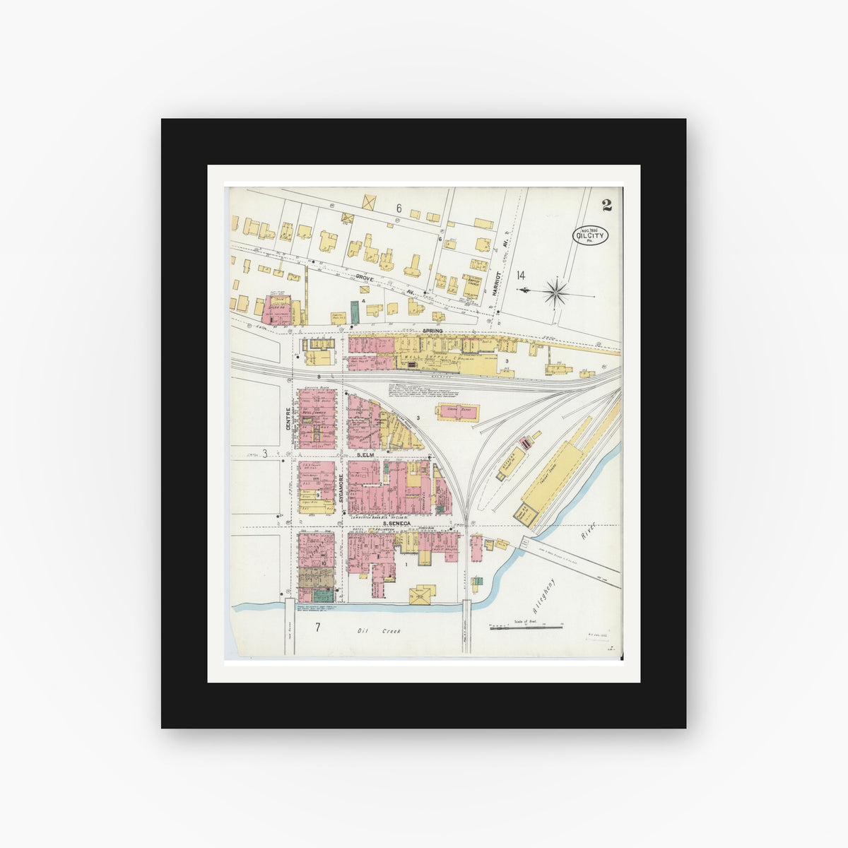 Old map wall art mockup — black gallery frame with white mat — Sanborn Fire Insurance Map from Oil City, Venango County, Pennsylvania (1906), Sheet #0002