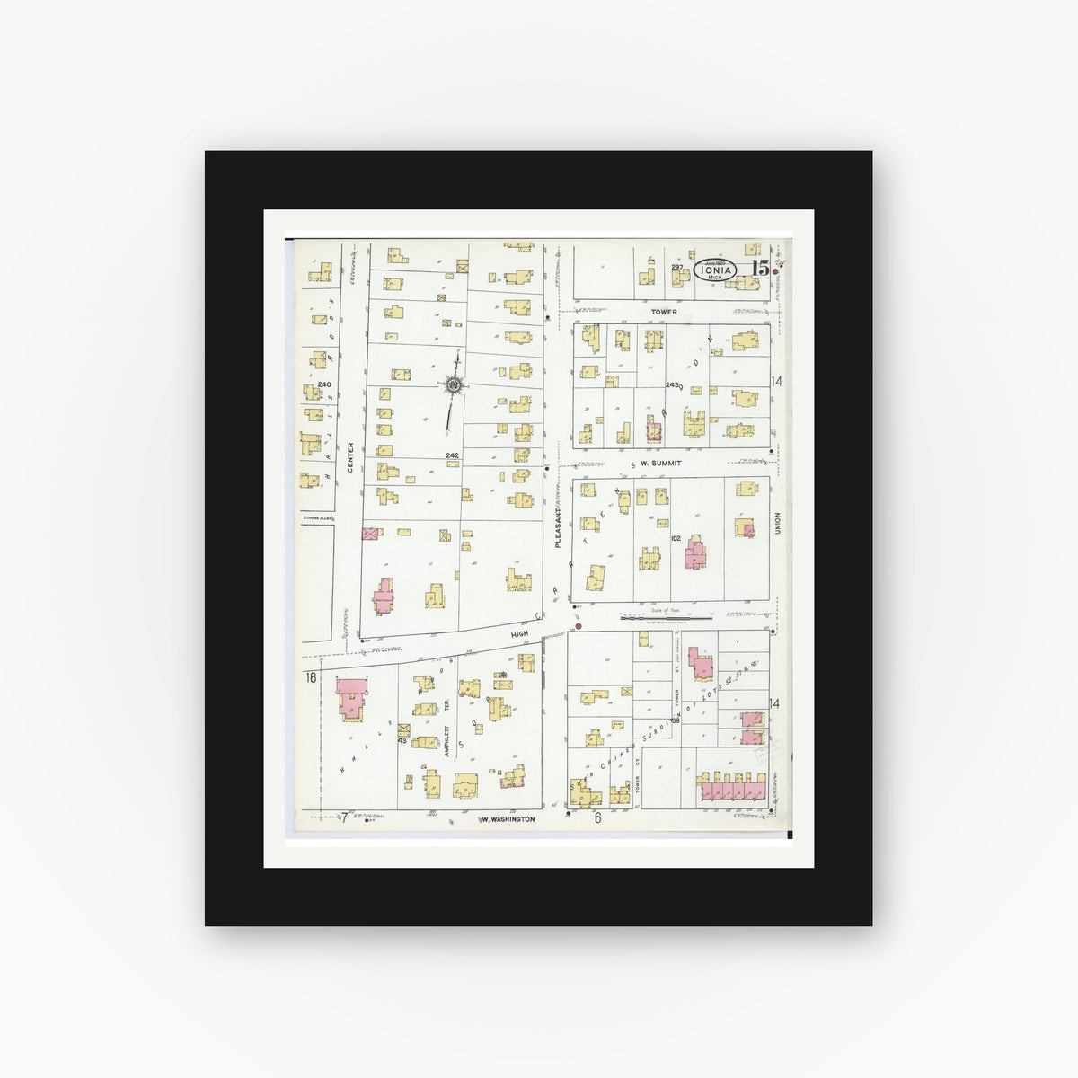 Old map wall art mockup — black gallery frame with white mat — Sanborn Fire Insurance Map from Ionia, Ionia County, Michigan (1920), Sheet #0015