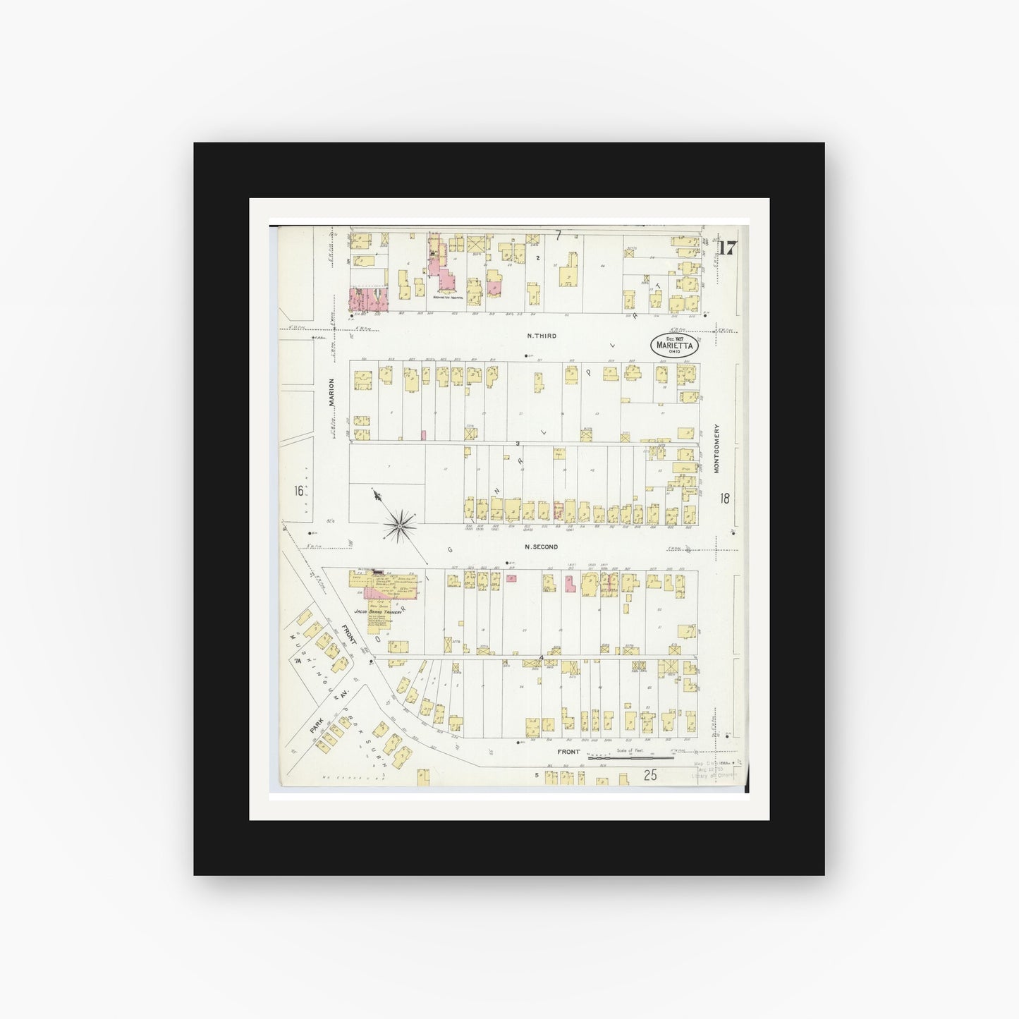 Old map wall art mockup — black gallery frame with white mat — Sanborn Fire Insurance Map from Marietta, Washington County, Ohio (1907), Sheet #0017