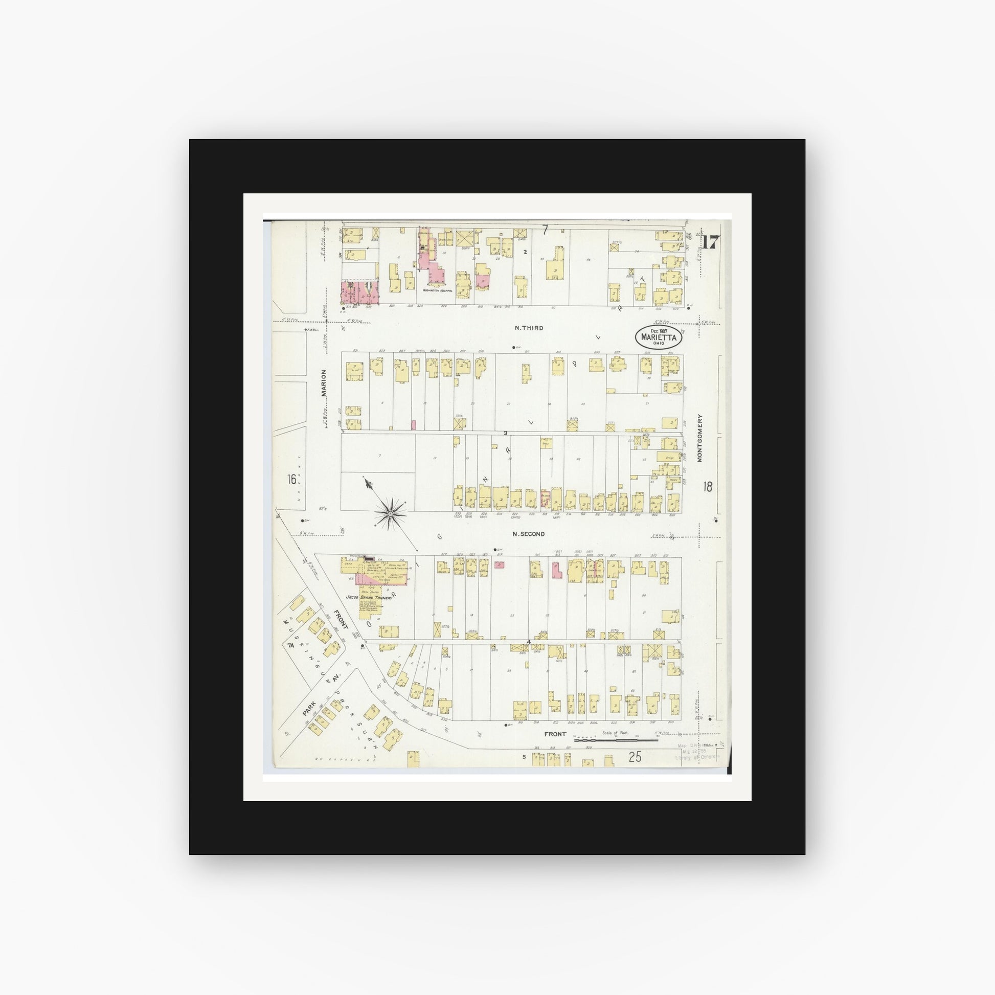 Old map wall art mockup — black gallery frame with white mat — Sanborn Fire Insurance Map from Marietta, Washington County, Ohio (1907), Sheet #0017