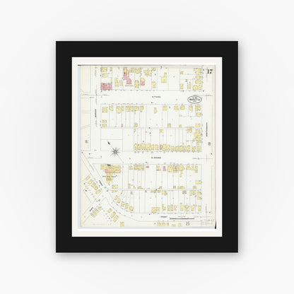 Old map wall art mockup — black gallery frame with white mat — Sanborn Fire Insurance Map from Marietta, Washington County, Ohio (1907), Sheet #0017