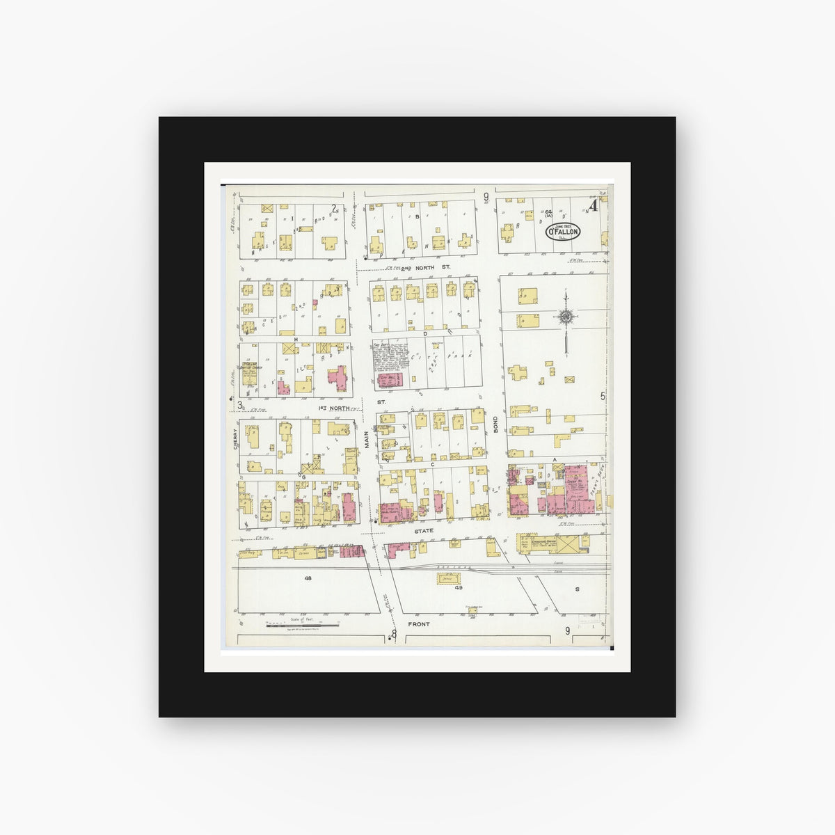 Old map wall art mockup — black gallery frame with white mat — Sanborn Fire Insurance Map from O'Fallon, Saint Clair County, Illinois (1921), Sheet #0004