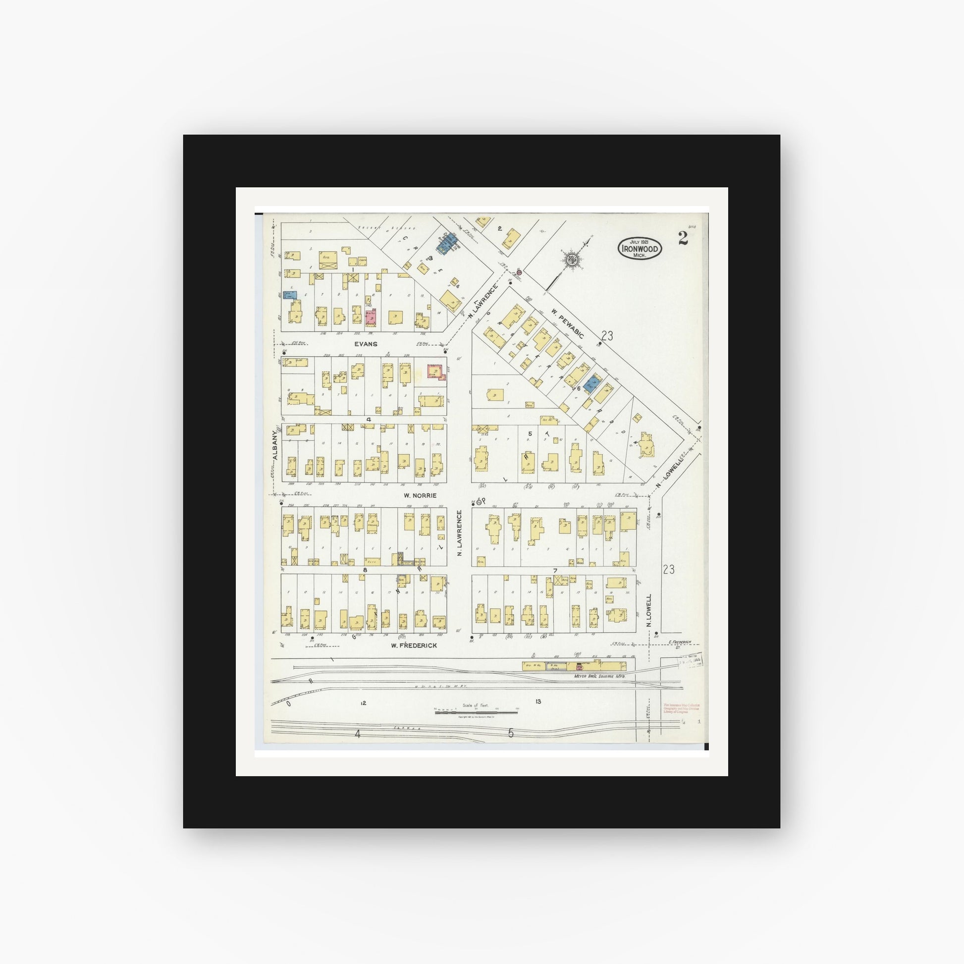 Old map wall art mockup — black gallery frame with white mat — Sanborn Fire Insurance Map from Ironwood, Gogebic County, Michigan (1921), Sheet #0002