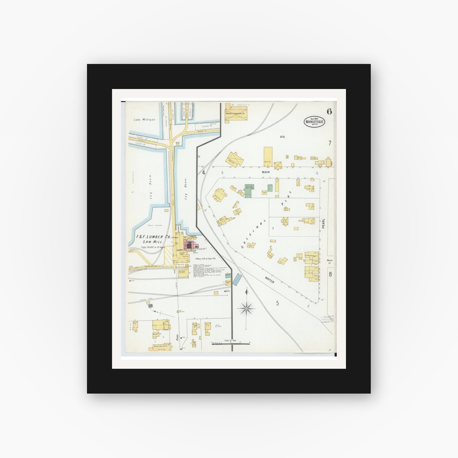 Old map wall art mockup — black gallery frame with white mat — Sanborn Fire Insurance Map from Manistique, Schoolcraft County, Michigan (1900), Sheet #0006