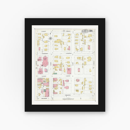 Old map wall art mockup — black gallery frame with white mat — Sanborn Fire Insurance Map from Bloomington, McLean County, Illinois (1901), Sheet #0026