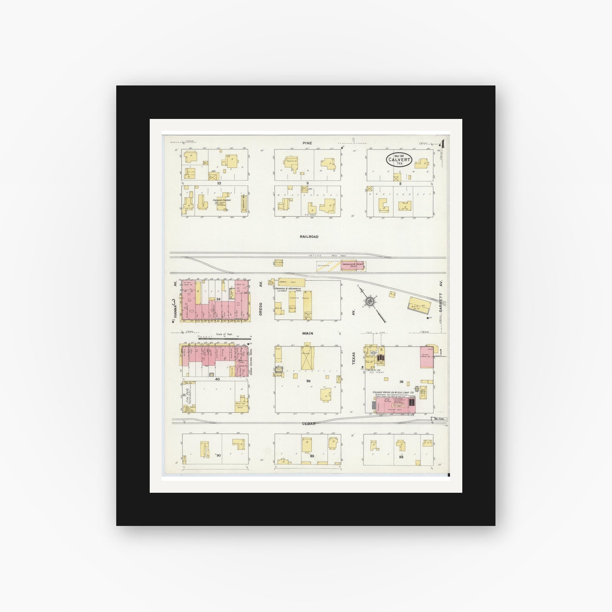 Old map wall art mockup — black gallery frame with white mat — Sanborn Fire Insurance Map from Calvert, Robertson County, Texas (1911), Sheet #0004