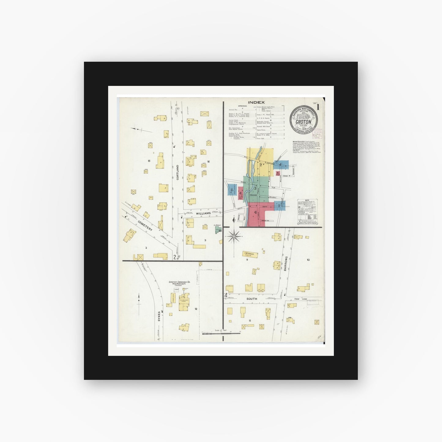 Old map wall art mockup — black gallery frame with white mat — Sanborn Fire Insurance Map from Groton, Tomkins County, New York (1908) - Complete Map Set