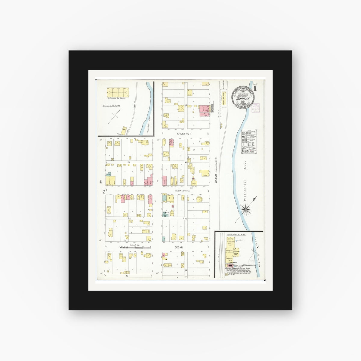 Old map wall art mockup — black gallery frame with white mat — Sanborn Fire Insurance Map from Montrose, Lee County, Iowa (1902), Sheet #0001