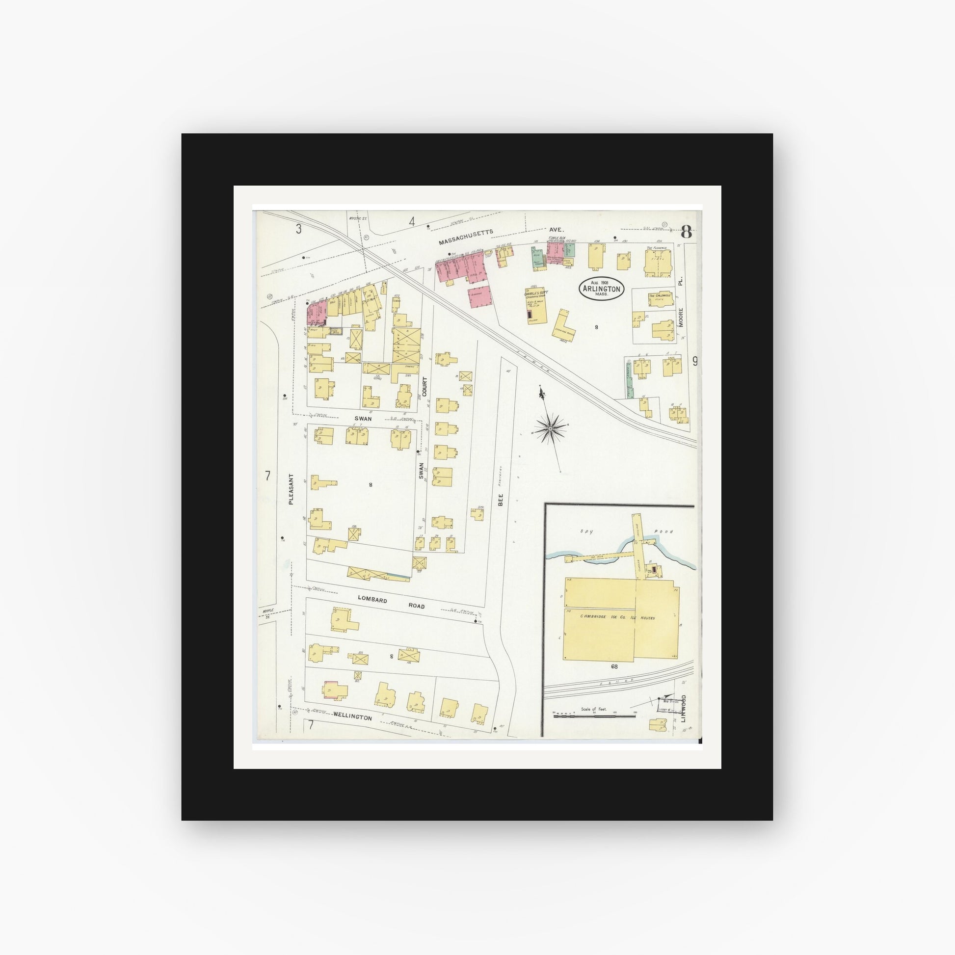 Old map wall art mockup — black gallery frame with white mat — Sanborn Fire Insurance Map from Arlington, Middlesex County, Massachusetts (1908), Sheet #0008