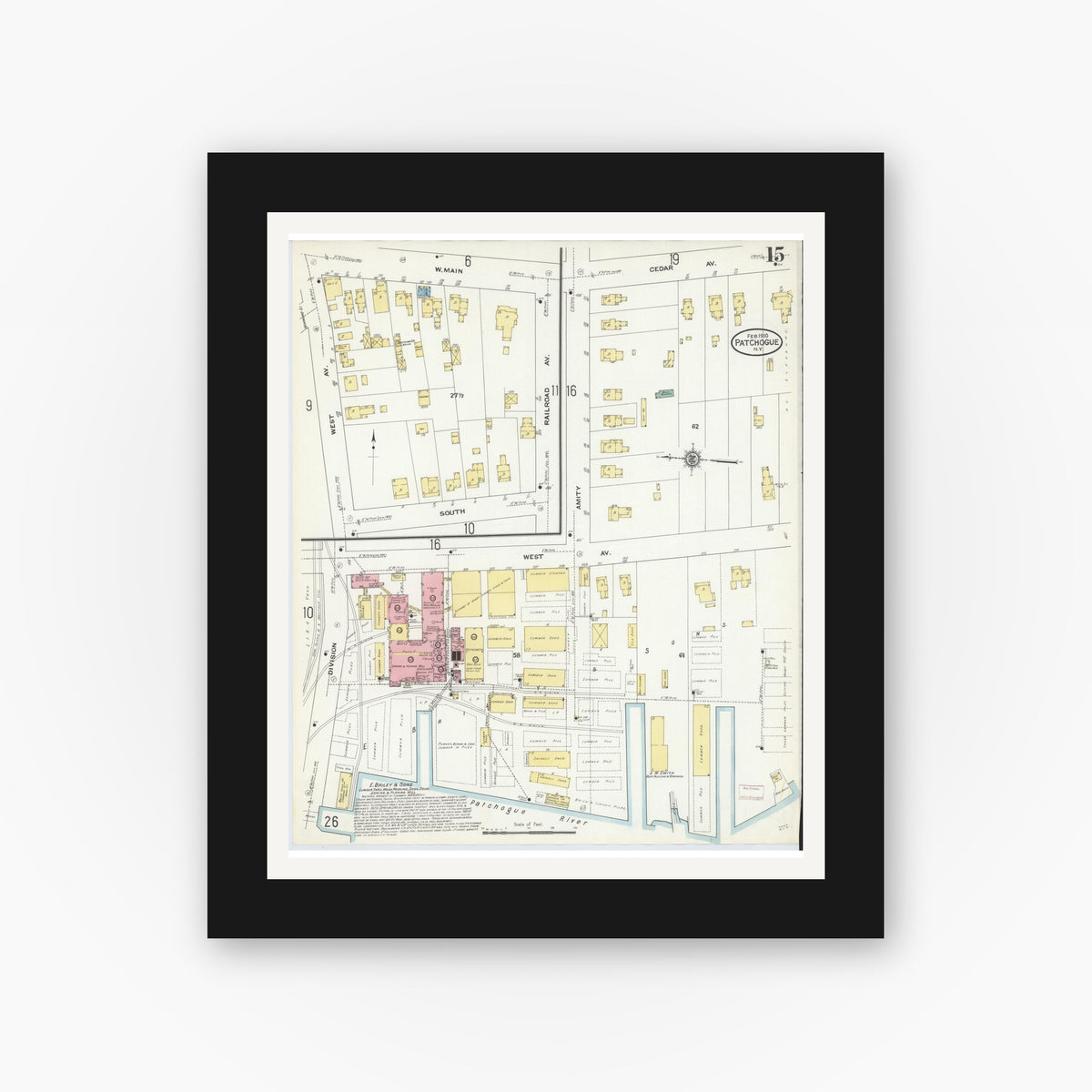 Old map wall art mockup — black gallery frame with white mat — Sanborn Fire Insurance Map from Patchogue, Suffolk County, New York (1910), Sheet #0015