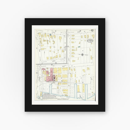 Old map wall art mockup — black gallery frame with white mat — Sanborn Fire Insurance Map from Patchogue, Suffolk County, New York (1910), Sheet #0015
