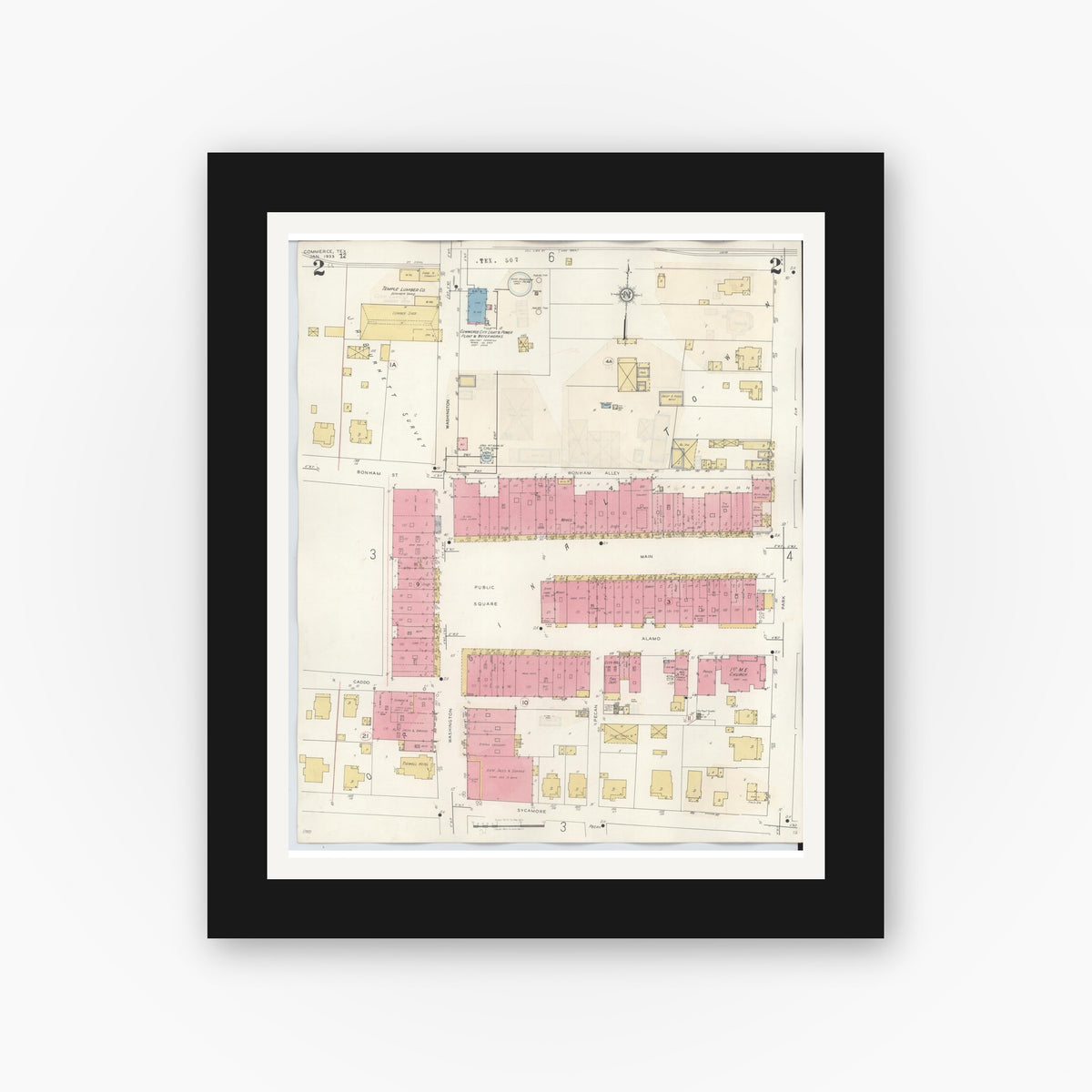 Old map wall art mockup — black gallery frame with white mat — Sanborn Fire Insurance Map from Commerce, Hunt County, Texas (1940), Sheet #0002