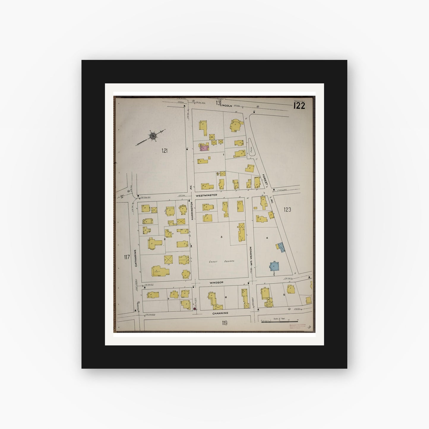 Old map wall art mockup — black gallery frame with white mat — Sanborn Fire Insurance Map from Worcester, Worcester County, Massachusetts (1910), Sheet #0122