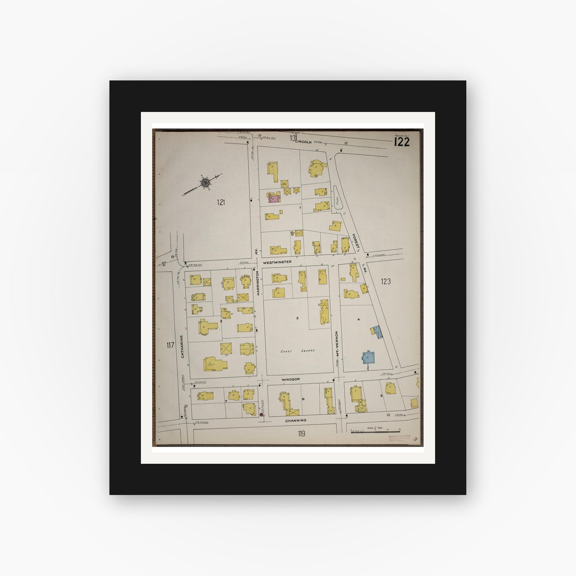 Old map wall art mockup — black gallery frame with white mat — Sanborn Fire Insurance Map from Worcester, Worcester County, Massachusetts (1910), Sheet #0122
