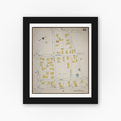 Old map wall art mockup — black gallery frame with white mat — Sanborn Fire Insurance Map from Worcester, Worcester County, Massachusetts (1910), Sheet #0122