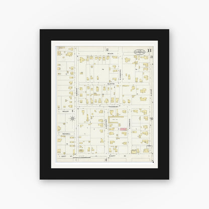 Old map wall art mockup — black gallery frame with white mat — Sanborn Fire Insurance Map from Gainesville, Cooke County, Texas (1897), Sheet #0011