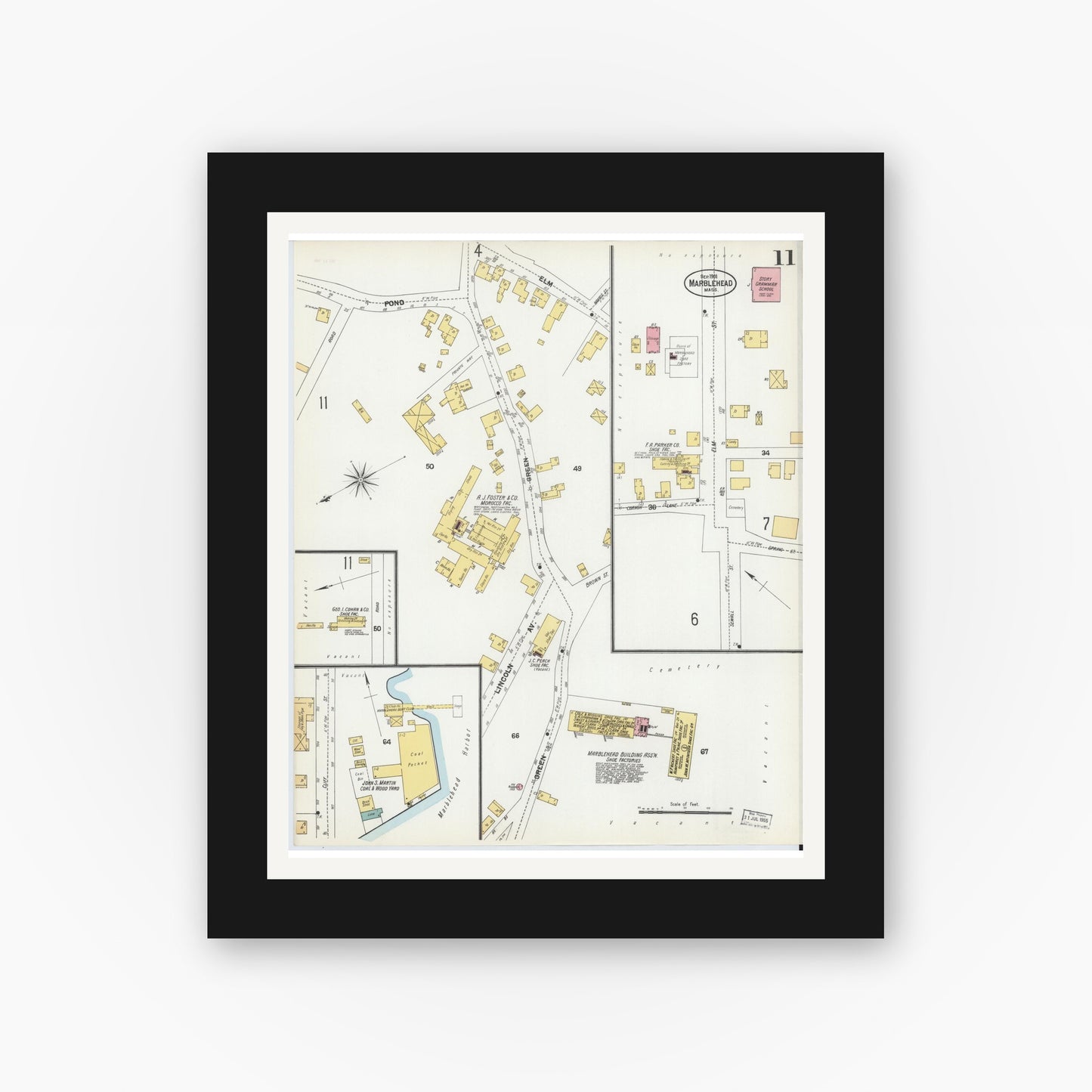 Old map wall art mockup — black gallery frame with white mat — Sanborn Fire Insurance Map from Marblehead, Essex County, Massachusetts (1901), Sheet #0011