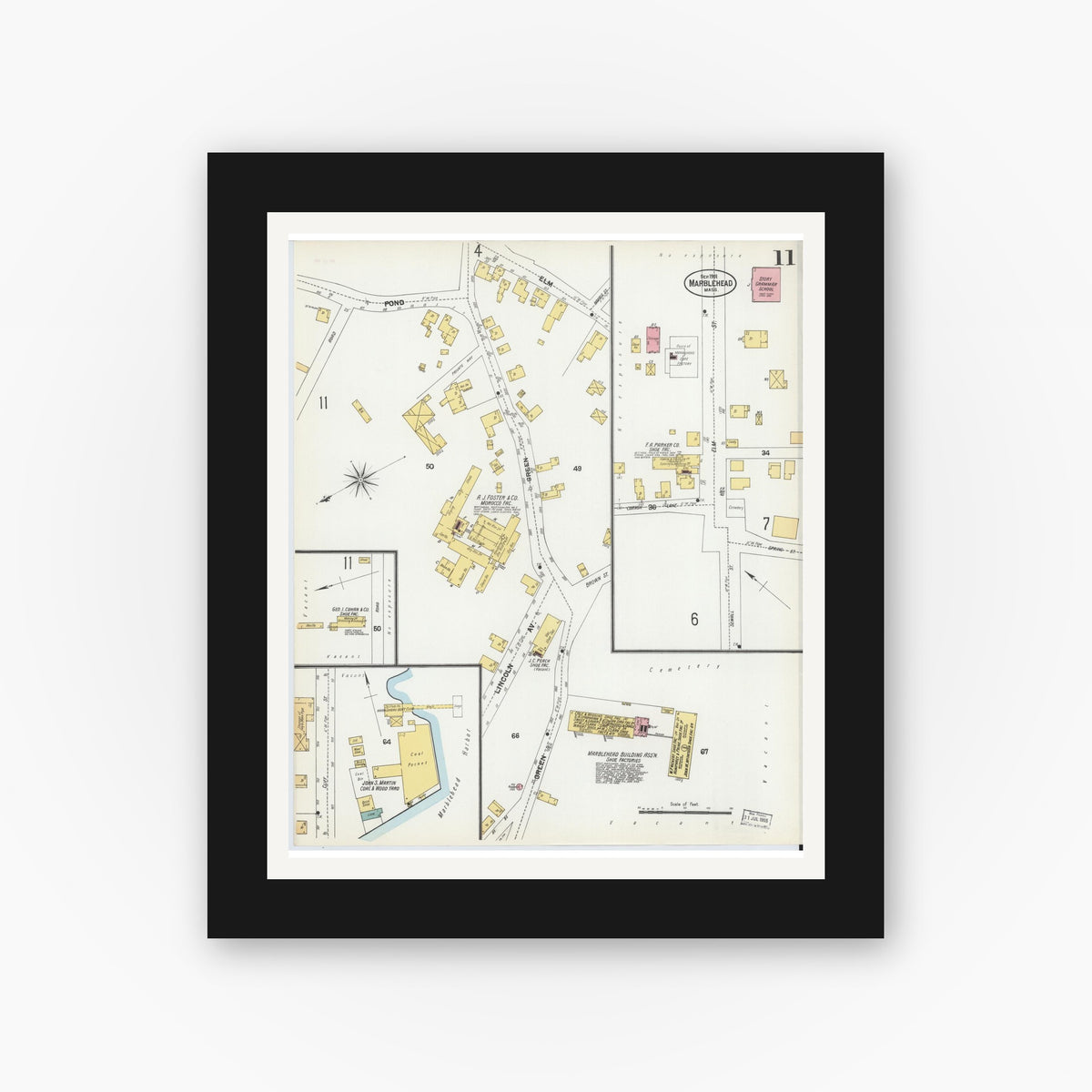 Old map wall art mockup — black gallery frame with white mat — Sanborn Fire Insurance Map from Marblehead, Essex County, Massachusetts (1901), Sheet #0011