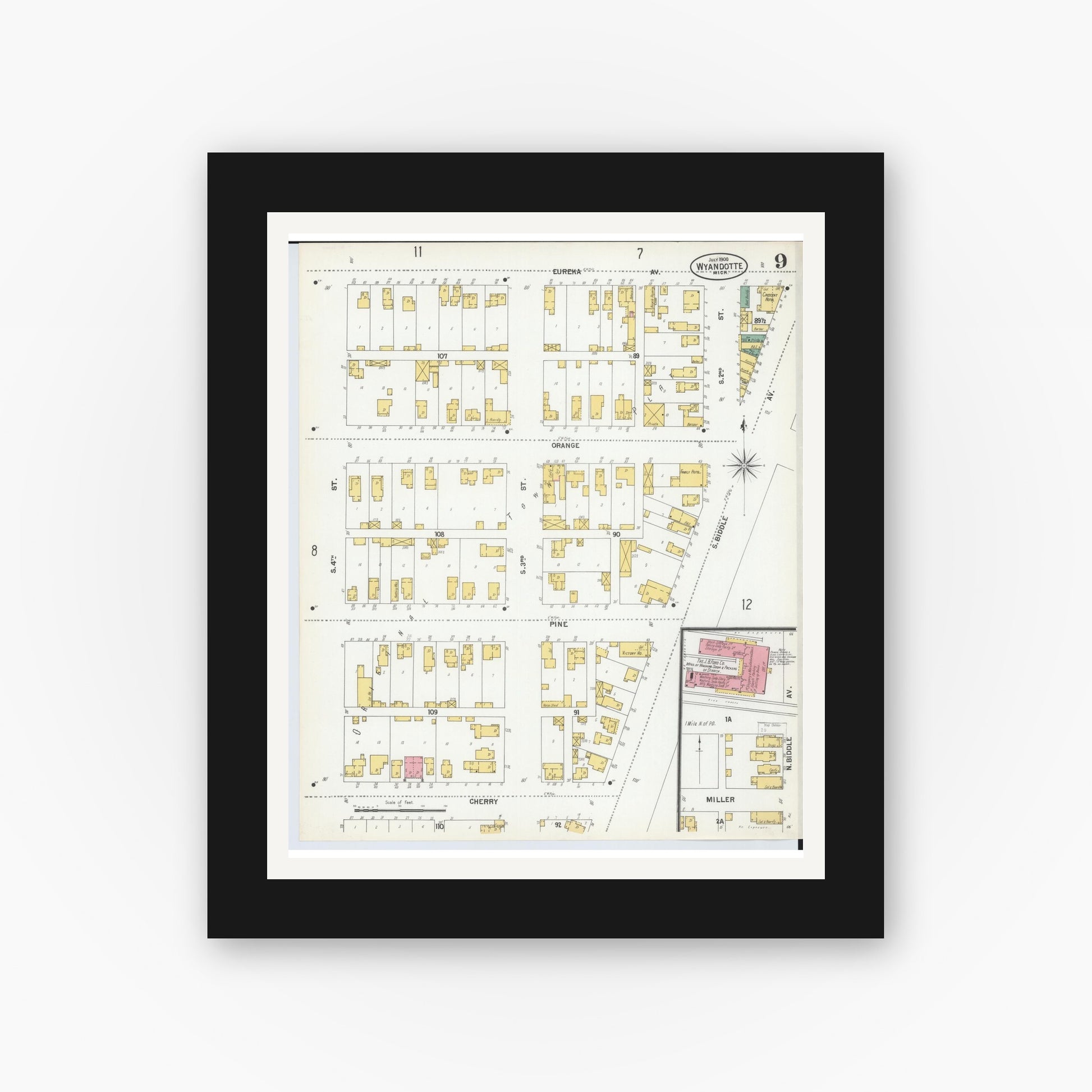 Old map wall art mockup — black gallery frame with white mat — Sanborn Fire Insurance Map from Wyandotte, Wayne County, Michigan (1900), Sheet #0009