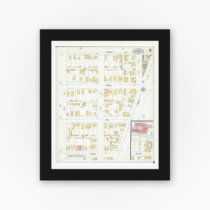 Old map wall art mockup — black gallery frame with white mat — Sanborn Fire Insurance Map from Wyandotte, Wayne County, Michigan (1900), Sheet #0009