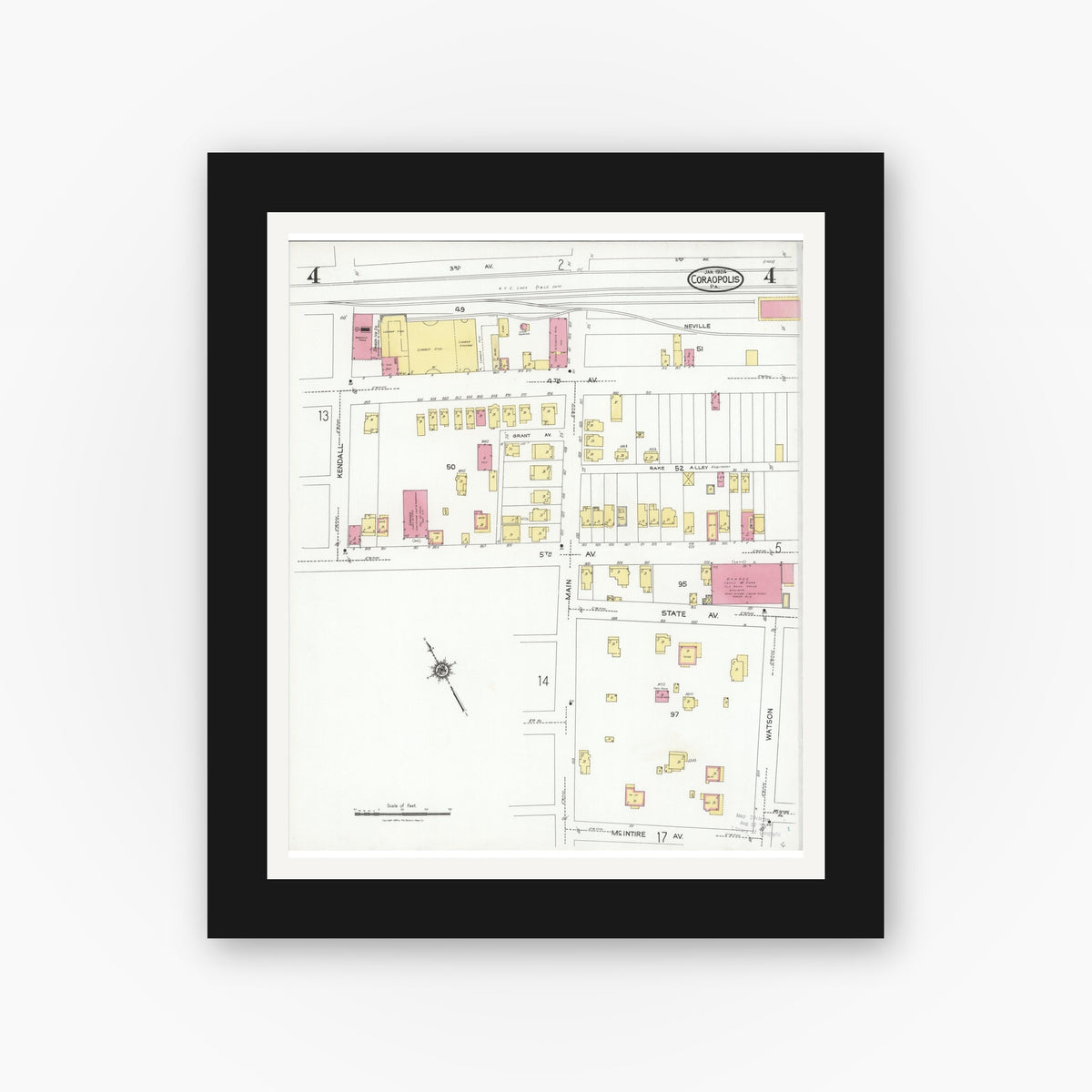 Old map wall art mockup — black gallery frame with white mat — Sanborn Fire Insurance Map from Coraopolis, Allegheny County, Pennsylvania (1924), Sheet #0004