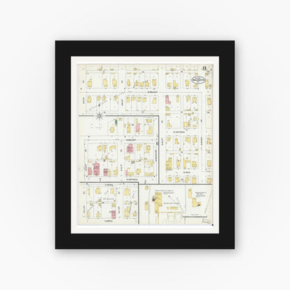 Old map wall art mockup — black gallery frame with white mat — Sanborn Fire Insurance Map from Washington, Daviess County, Indiana (1902), Sheet #0009