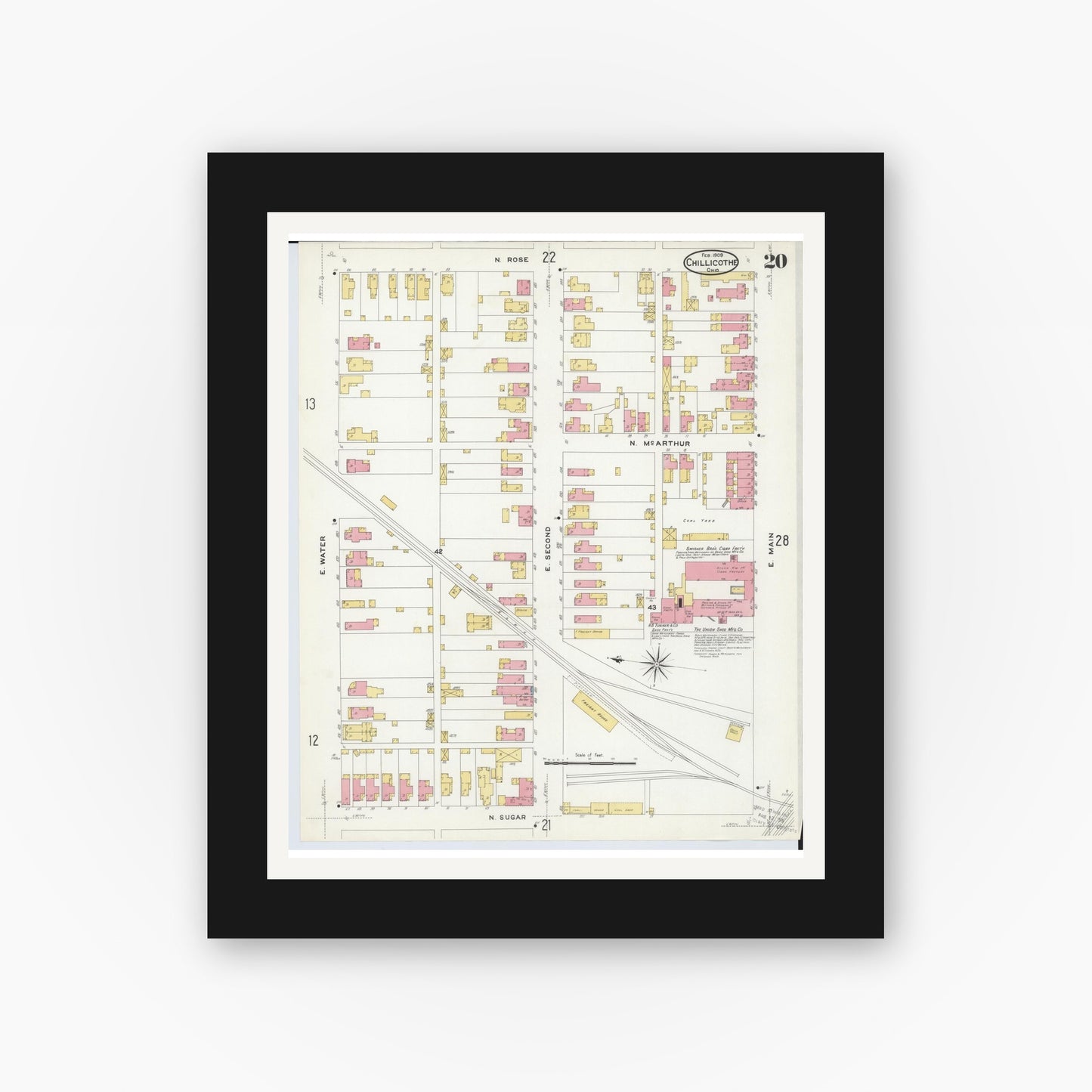 Old map wall art mockup — black gallery frame with white mat — Sanborn Fire Insurance Map from Chillicothe, Ross County, Ohio (1909), Sheet #0020