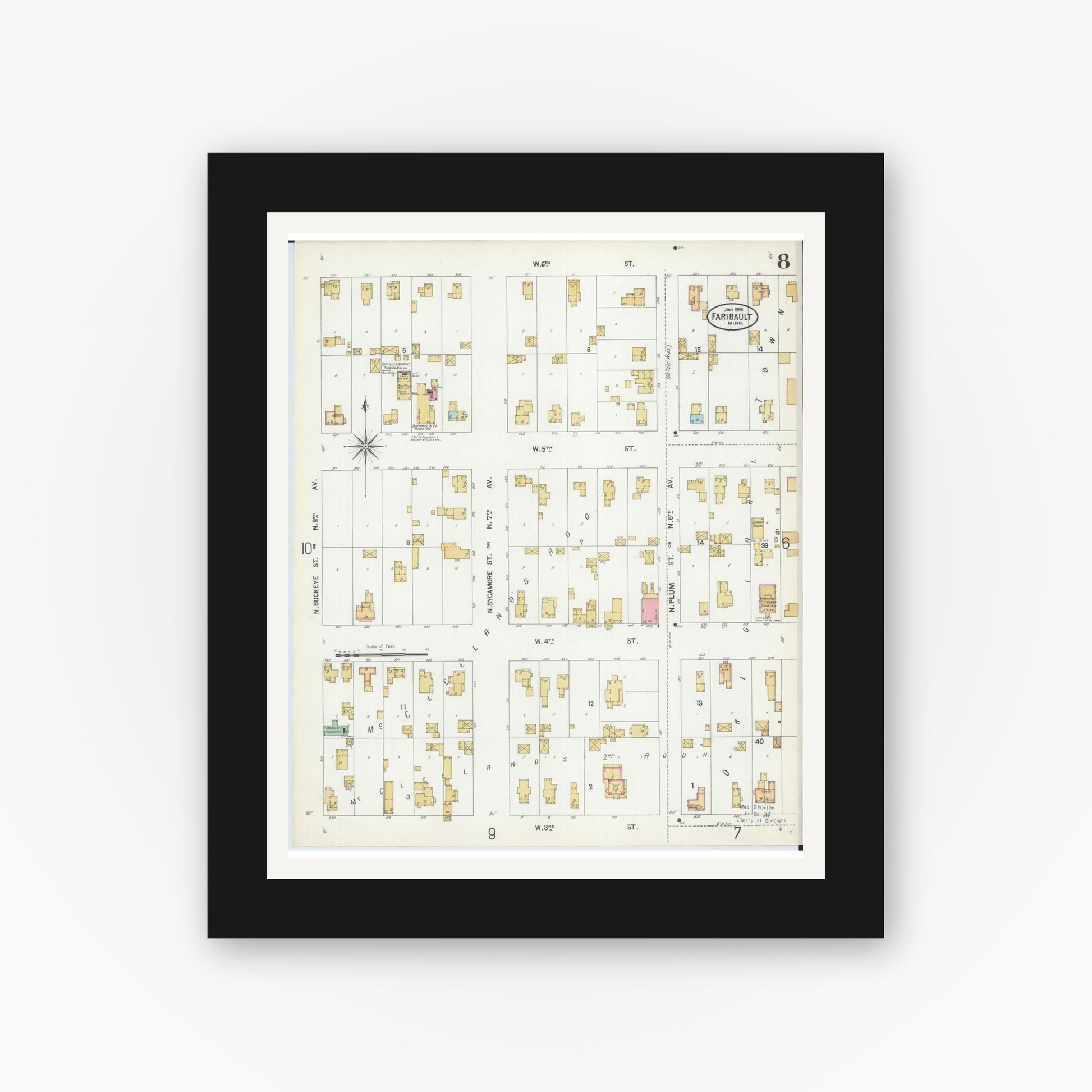 Old map wall art mockup — black gallery frame with white mat — Sanborn Fire Insurance Map from Faribault, Rice County, Minnesota (1899), Sheet #0008