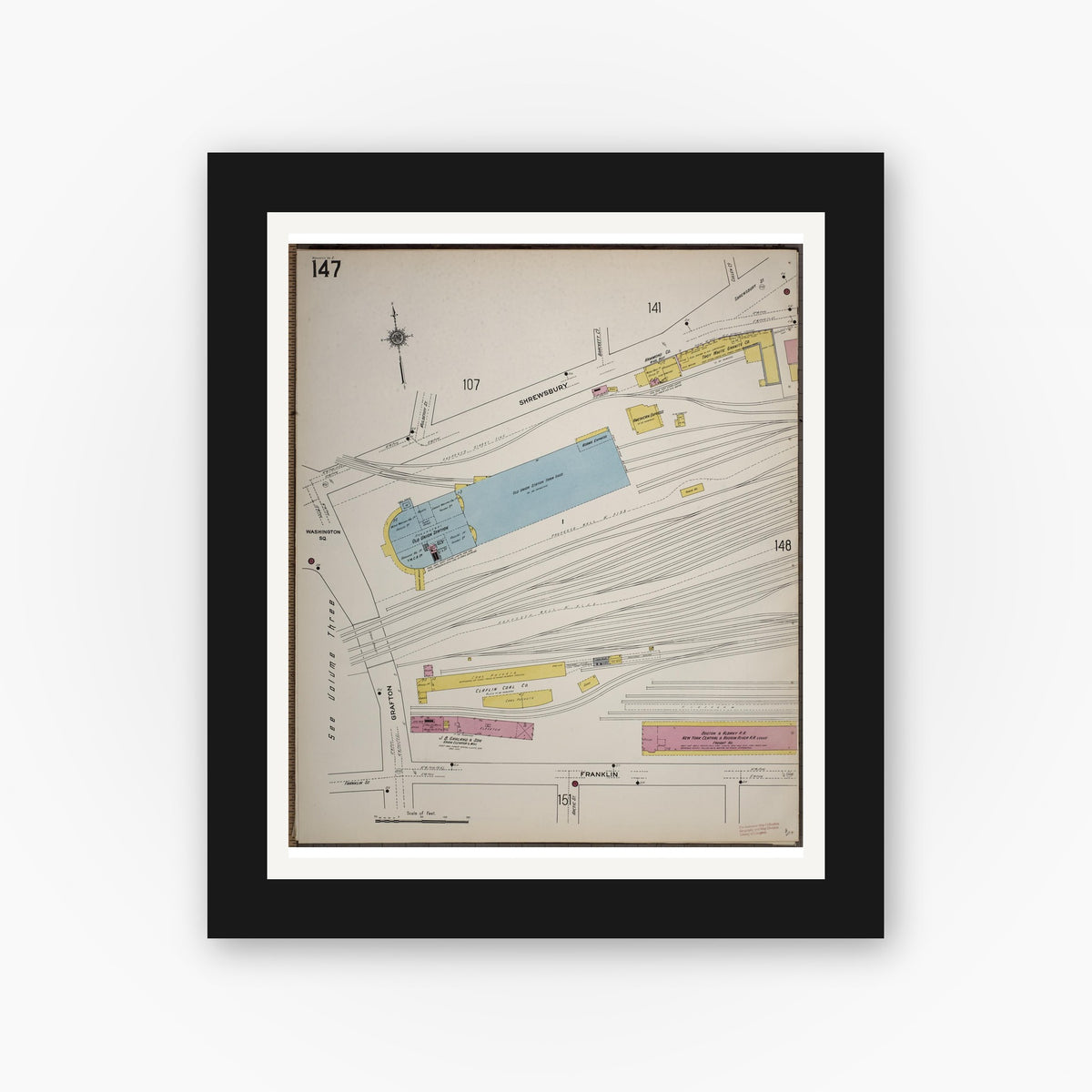 Old map wall art mockup — black gallery frame with white mat — Sanborn Fire Insurance Map from Worcester, Worcester County, Massachusetts (1910), Sheet #0147