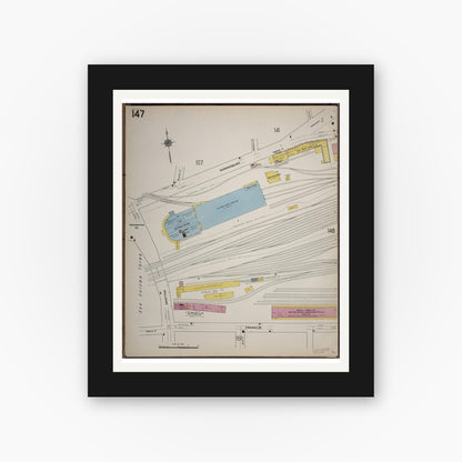 Old map wall art mockup — black gallery frame with white mat — Sanborn Fire Insurance Map from Worcester, Worcester County, Massachusetts (1910), Sheet #0147