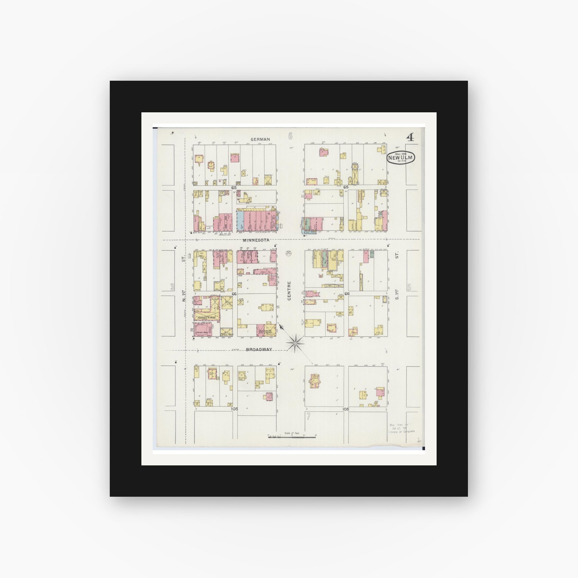 Old map wall art mockup — black gallery frame with white mat — Sanborn Fire Insurance Map from New Ulm, Brown County, Minnesota (1894), Sheet #0004