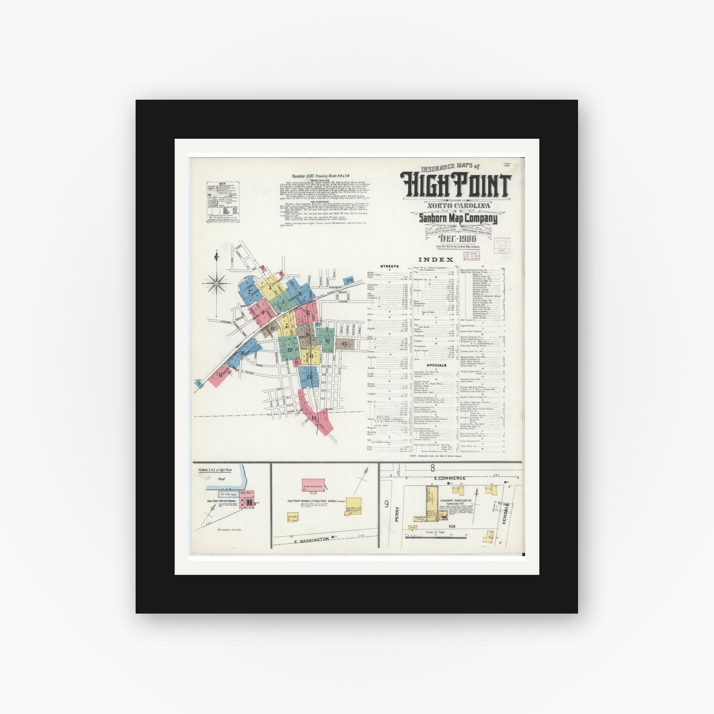 Old map wall art mockup — black gallery frame with white mat — Sanborn Fire Insurance Map from High Point, Guilford County, North Carolina (1906) - Complete Map Set