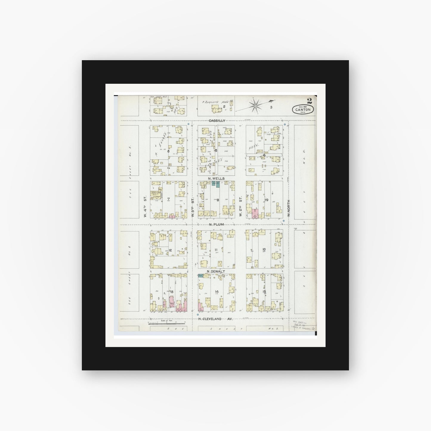Old map wall art mockup — black gallery frame with white mat — Sanborn Fire Insurance Map from Canton, Stark County, Ohio (1891), Sheet #0002
