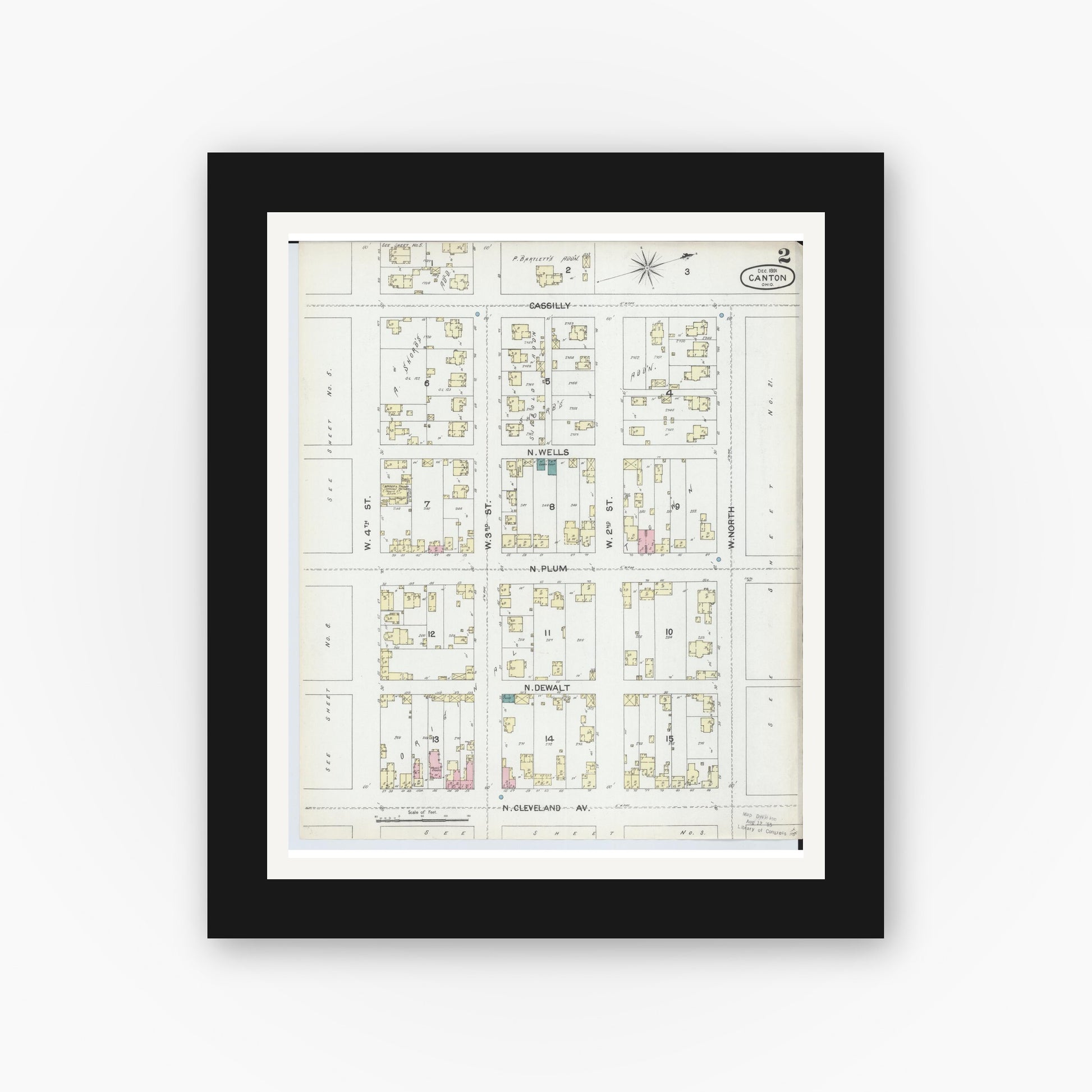 Old map wall art mockup — black gallery frame with white mat — Sanborn Fire Insurance Map from Canton, Stark County, Ohio (1891), Sheet #0002