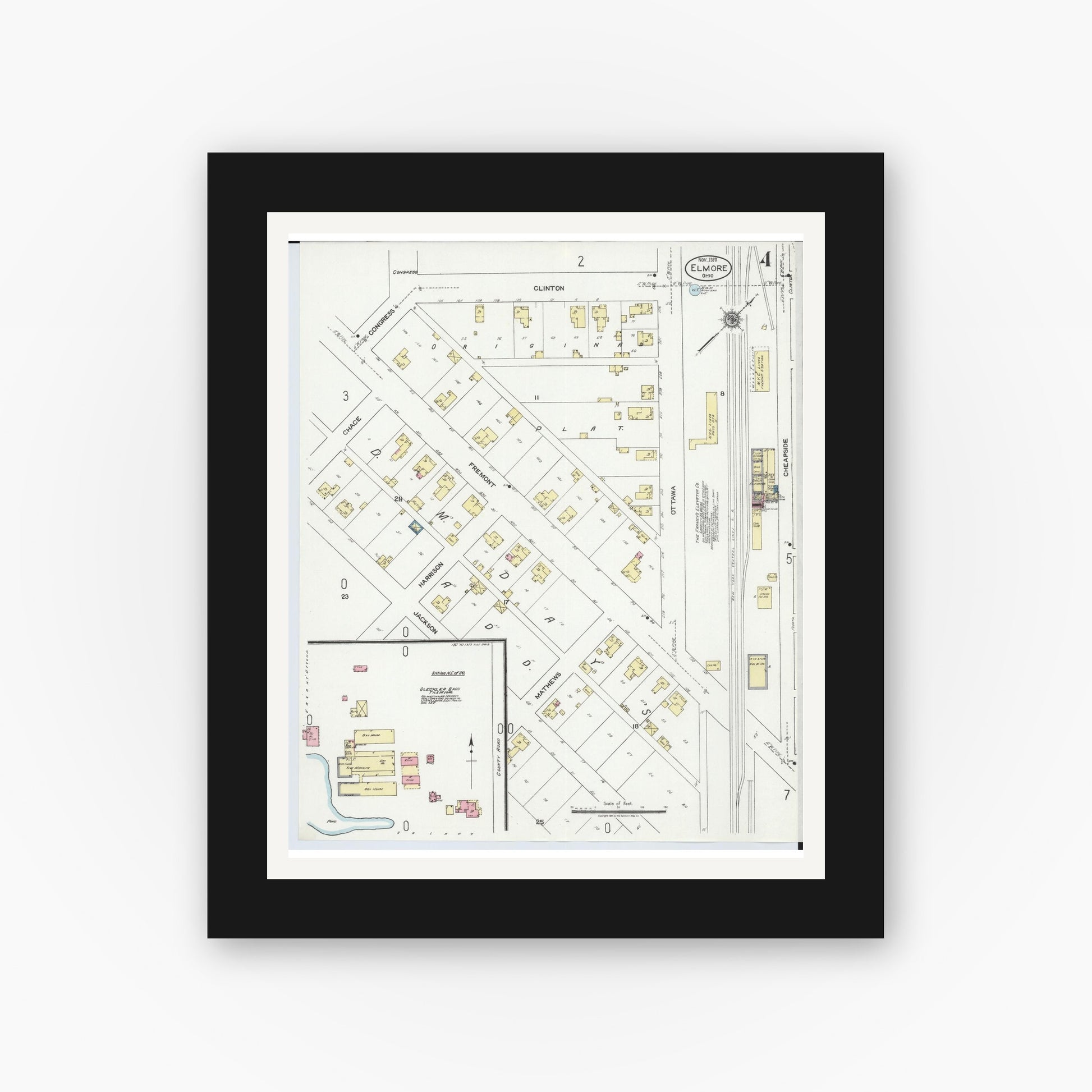 Old map wall art mockup — black gallery frame with white mat — Sanborn Fire Insurance Map from Elmore, Ottawa County, Ohio (1920), Sheet #0004