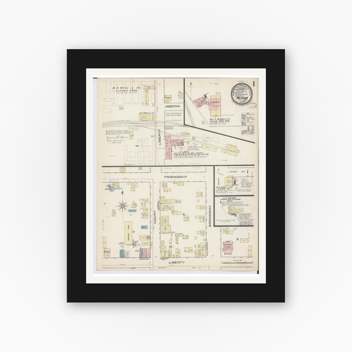 Old map wall art mockup — black gallery frame with white mat — Sanborn Fire Insurance Map from Medina, Medina County, Ohio (1885) - Complete Map Set
