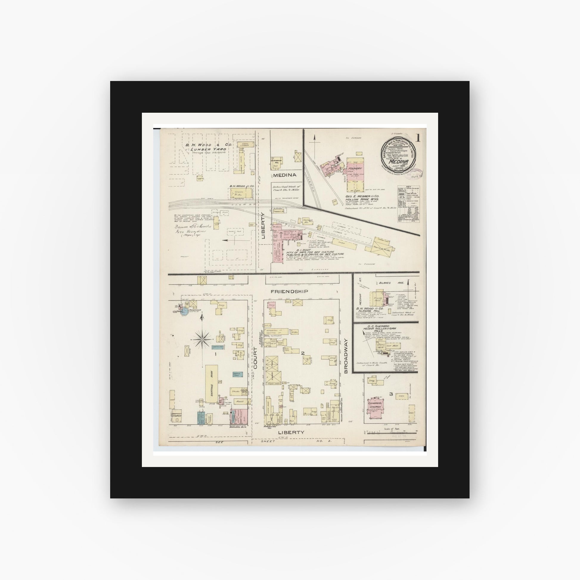 Old map wall art mockup — black gallery frame with white mat — Sanborn Fire Insurance Map from Medina, Medina County, Ohio (1885) - Complete Map Set