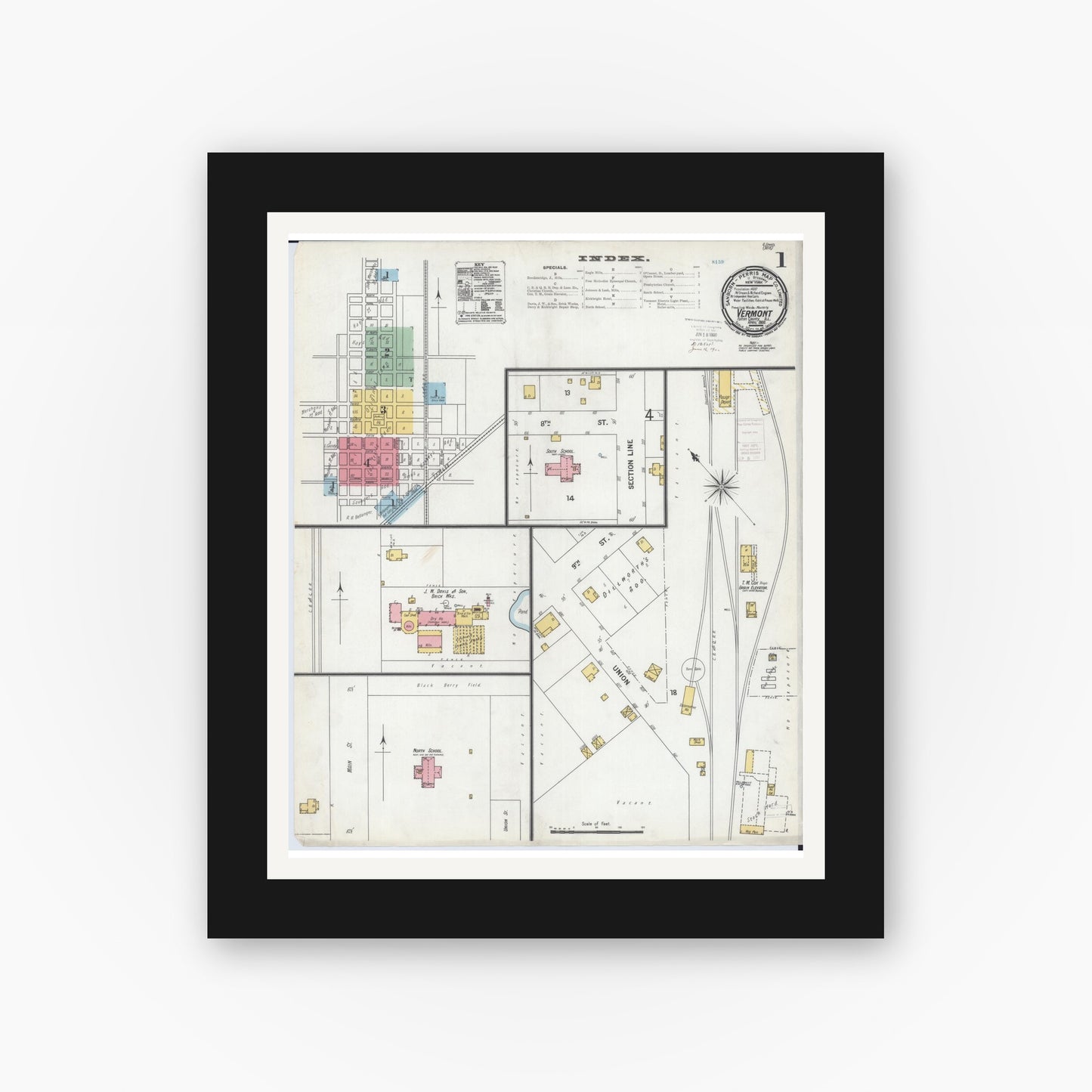 Old map wall art mockup — black gallery frame with white mat — Sanborn Fire Insurance Map from Vermont, Fulton County, Illinois (1900), Sheet #0001