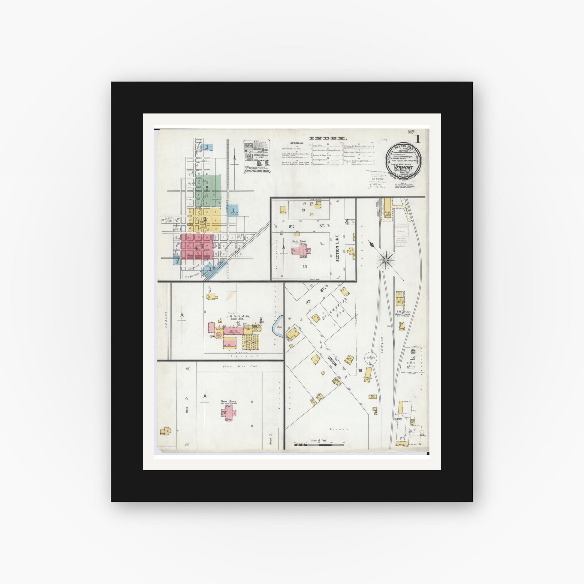 Old map wall art mockup — black gallery frame with white mat — Sanborn Fire Insurance Map from Vermont, Fulton County, Illinois (1900), Sheet #0001