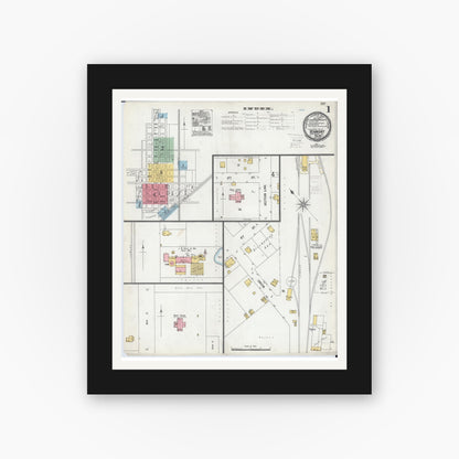 Old map wall art mockup — black gallery frame with white mat — Sanborn Fire Insurance Map from Vermont, Fulton County, Illinois (1900), Sheet #0001